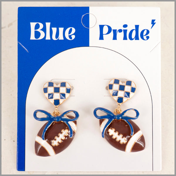 Blue and White Color Coated Heart with Bow & Football Gameday Stud 1.5" Earring