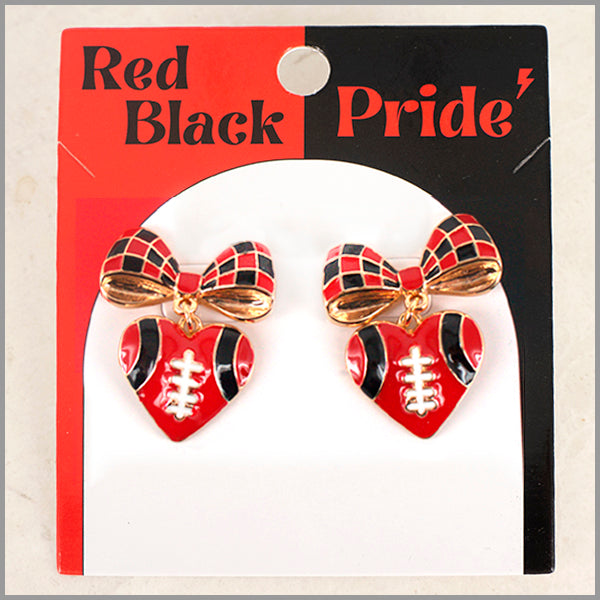 Red and Black Color Coated Bow & Football Gameday Stud 1.25" Earring