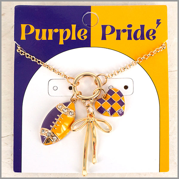 Gameday Charm Necklace with Football, Bow, and Heart 16"-18" Necklace