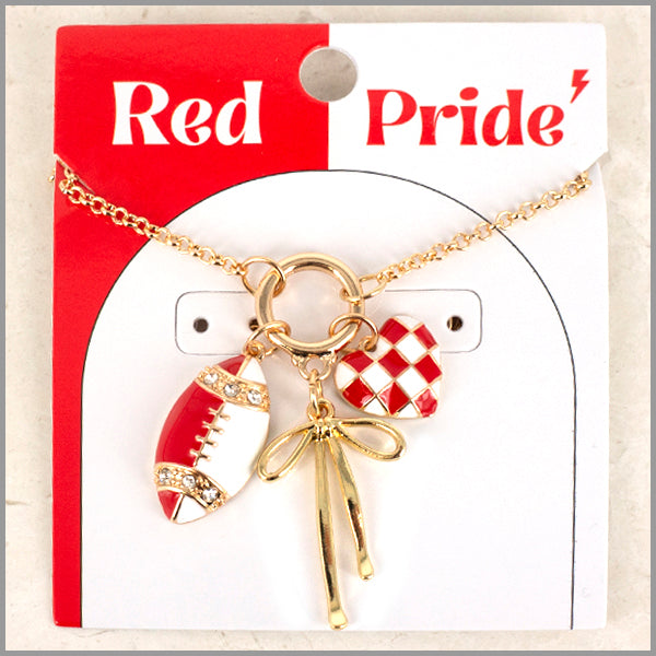 Gameday Charm Necklace with Football, Bow, and Heart 16"-18" Necklace