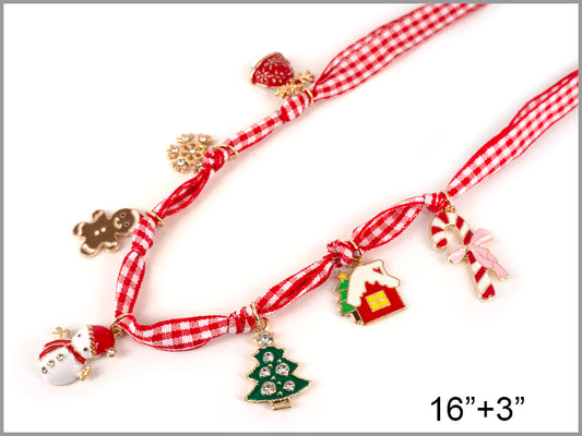 Christmas Charms on Red Ribbon 16"-18" Charm Necklace