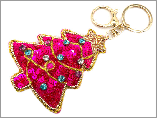 Pink and Gold Christmas Tree Sequin Key Chain