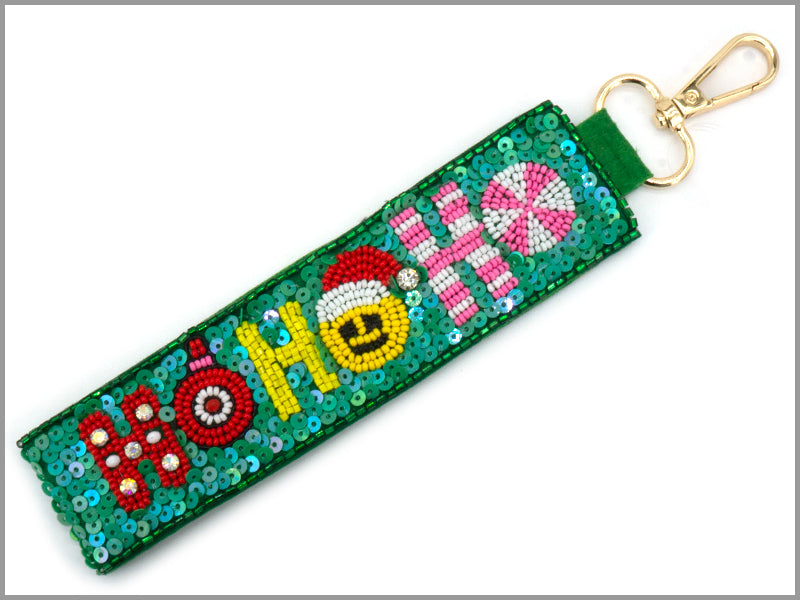 Seed Bead Green with HO HO HO Christmas Key Chain
