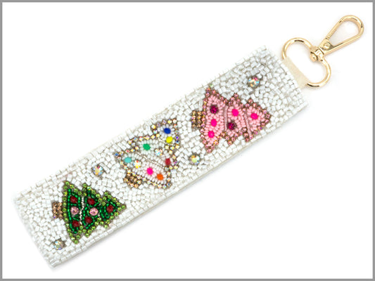 Seed Bead White with  Pink and Green Christmas Trees Key Chain