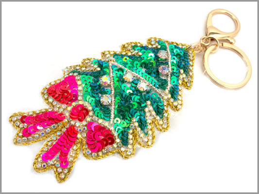 Green with Pink Bow Christmas Tree Sequin Key Chain