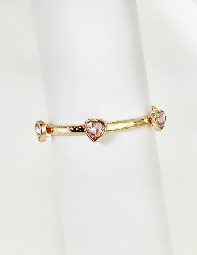 Gold Bracelet with Pink Crystal Heart Stretch Bracelet, Great for Stacking!
