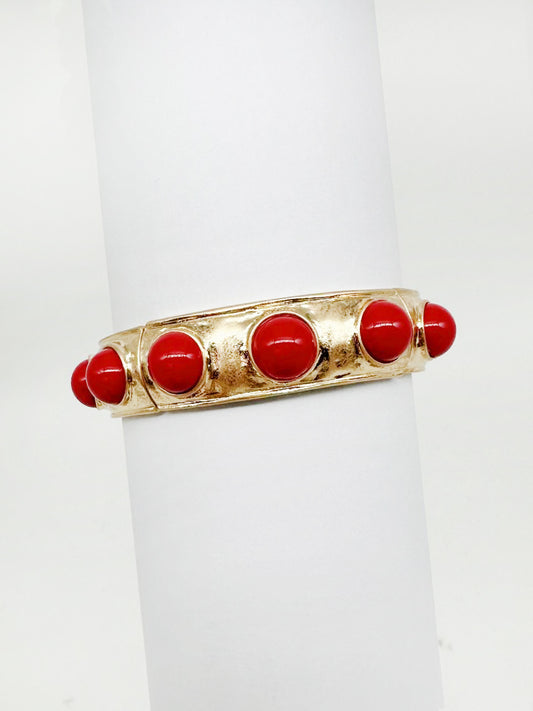 Red Color Coated Studded with Gold Hammered Stretch Bracelet