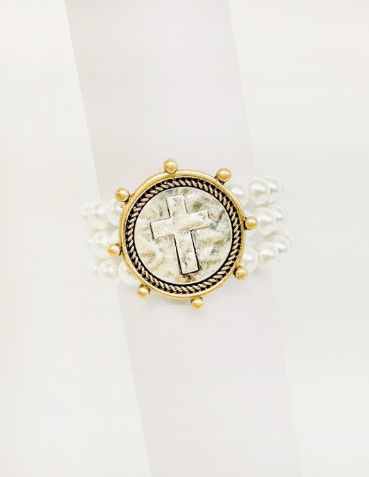 Three Row Pearl with Hammered Silver and Gold Cross Coin Stretch Bracelet