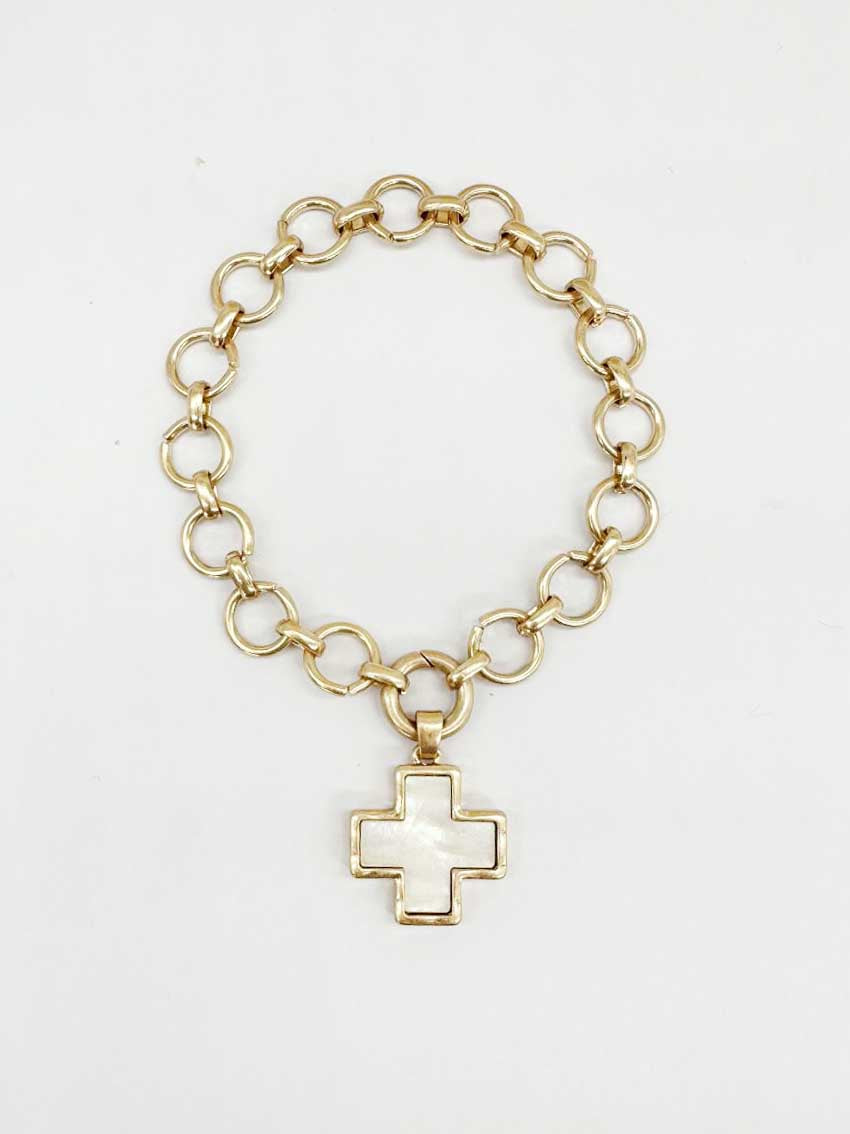 Worn Gold Open Circle with White and Gold Cross Charm Bracelet