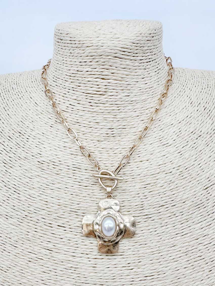 Gold Toggle Chain with Pearl and Cross Charm 16"-18" Necklace