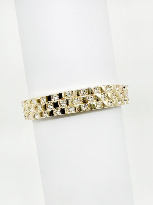 Gold with Crystal Squared Pattern Stretch Bracelet