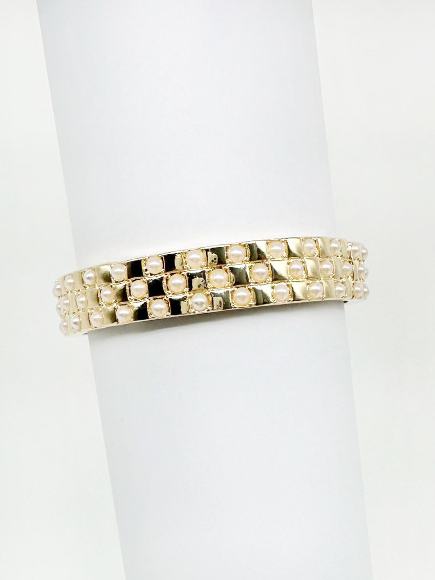 Gold with Pearl Squared Pattern Stretch Bracelet