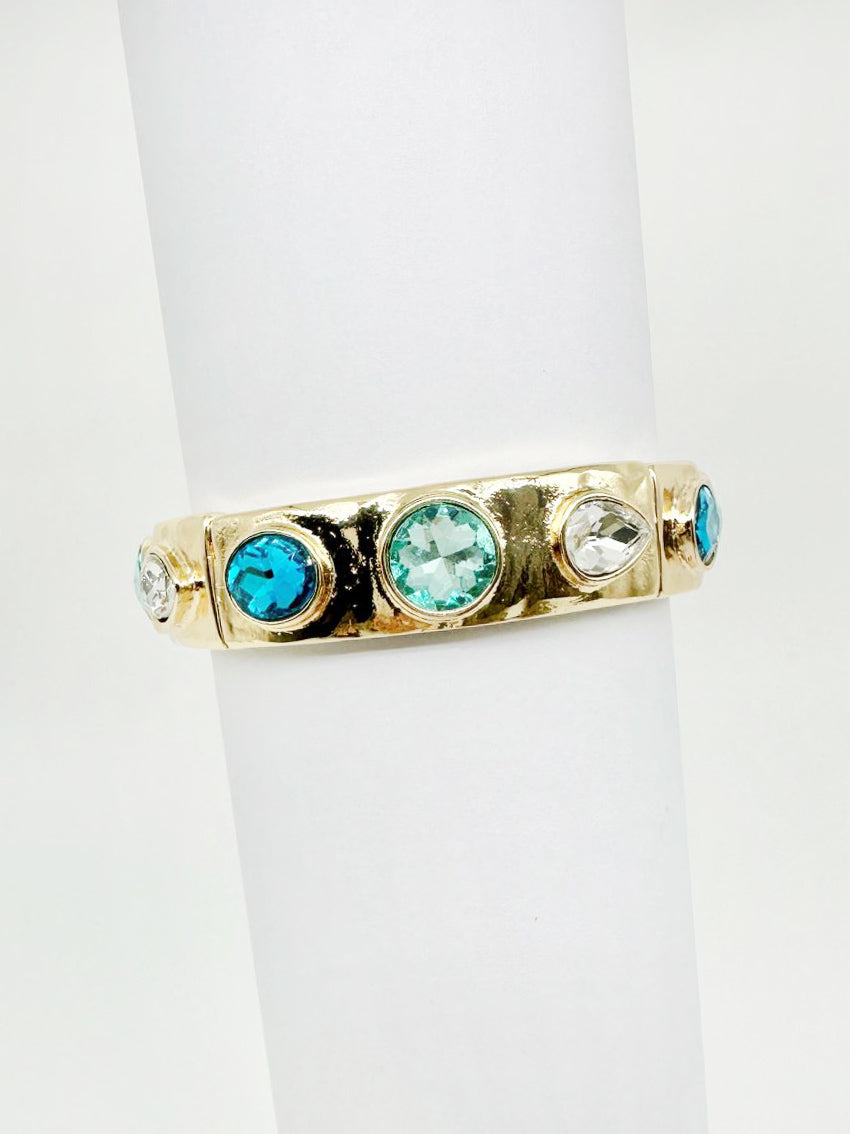 Gold Stretch Bangle with Oval with Turquoise Crystal Accents