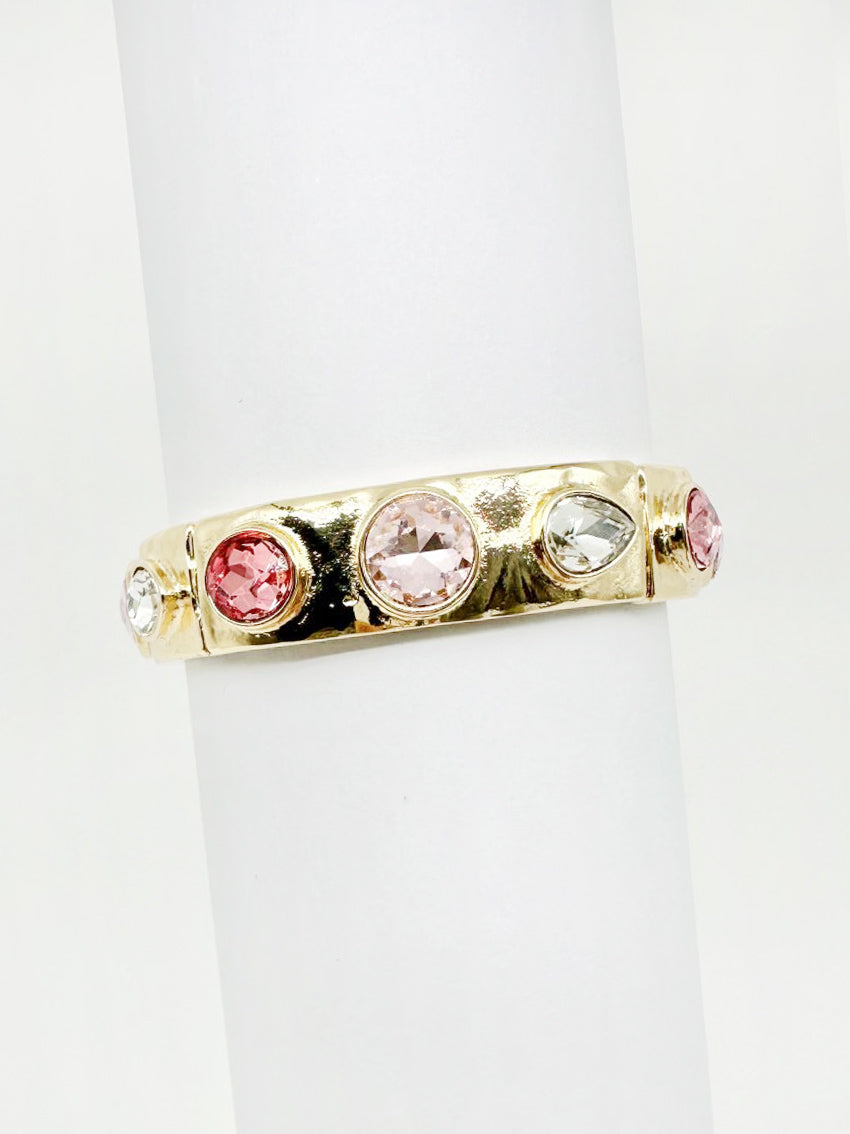 Gold Stretch Bangle with Oval with Pink Crystal Accents