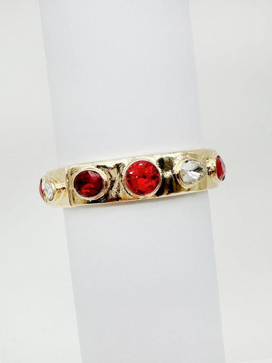 Gold with Red and Clear Crystals Stretch Bracelet