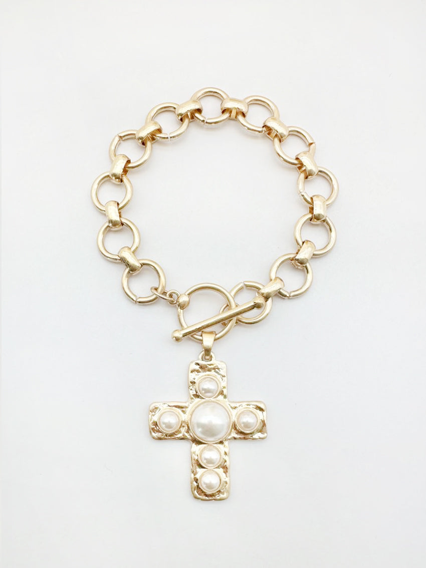 Gold Stretch Chain with Hammered Cross with Pearl Accent Charm