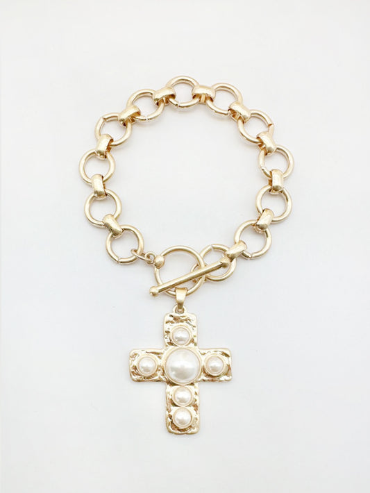 Gold Stretch Chain with Hammered Cross with Pearl Accent Charm