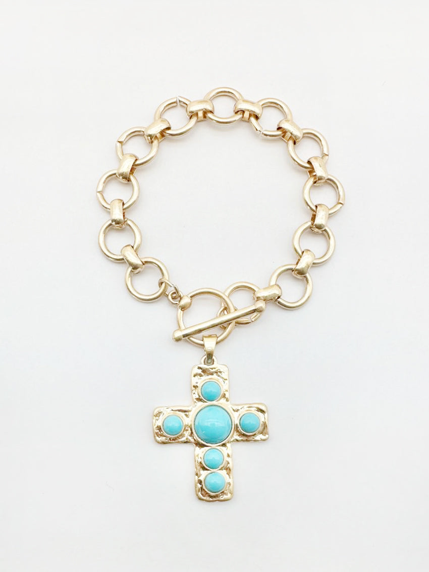 Gold Stretch Chain with Hammered Cross with Turquoise Accent Charm