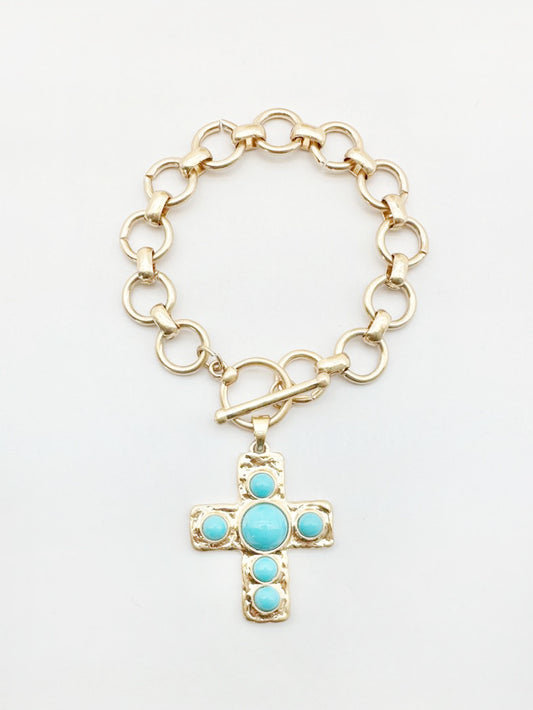 Gold Stretch Chain with Hammered Cross with Turquoise Accent Charm