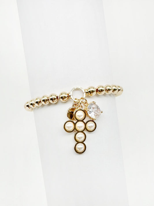 Gold Beaded Stretch Bracelet with Pearl Dotted Cross and Crystal Charms