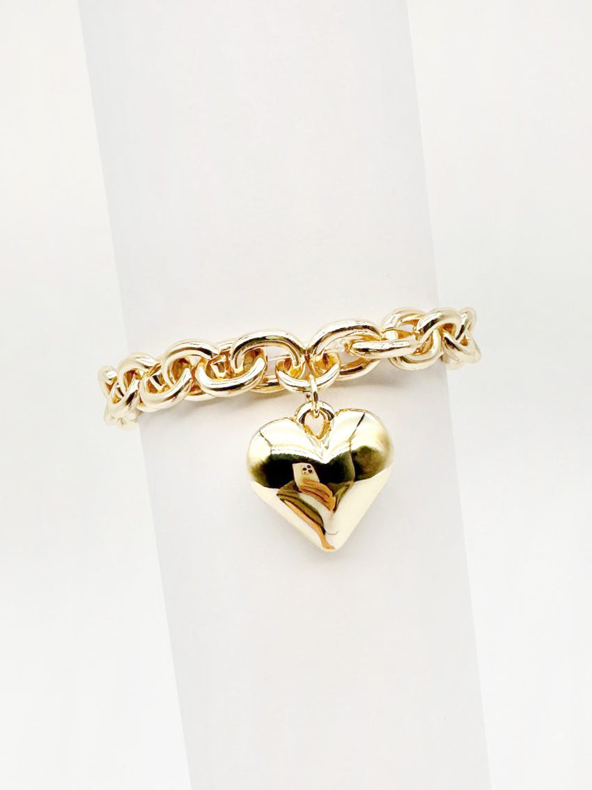 Gold Stretch Chain with Gold Puffy Heart Charm Bracelet