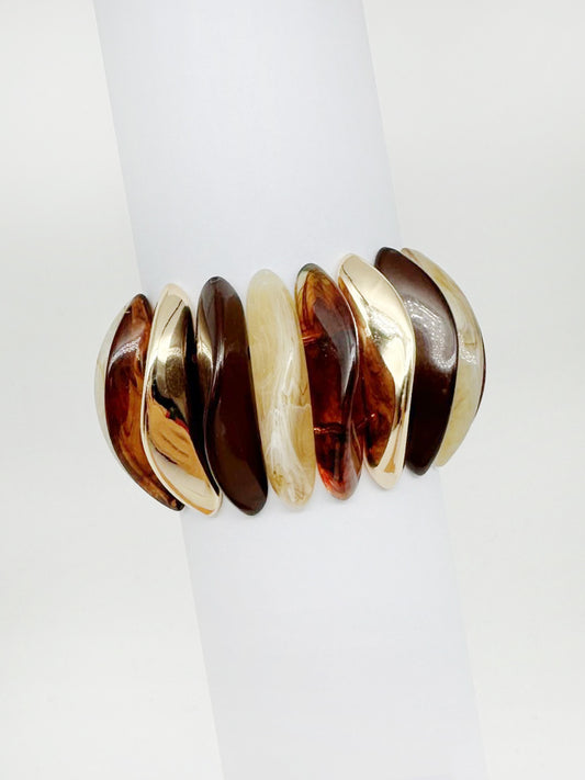 Natural, Brown, and Gold Acrylic 1.25" Wide Stretch Bracelet