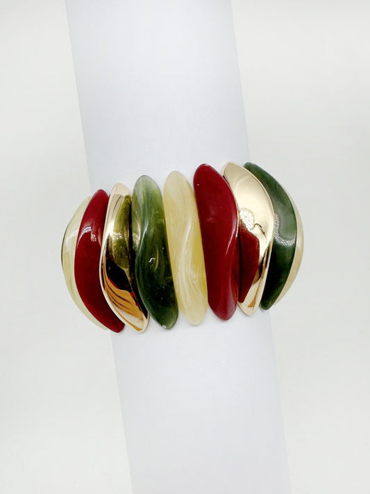 Natural, Maroon, Green, and Gold Acrylic 1.25" Wide Stretch Bracelet
