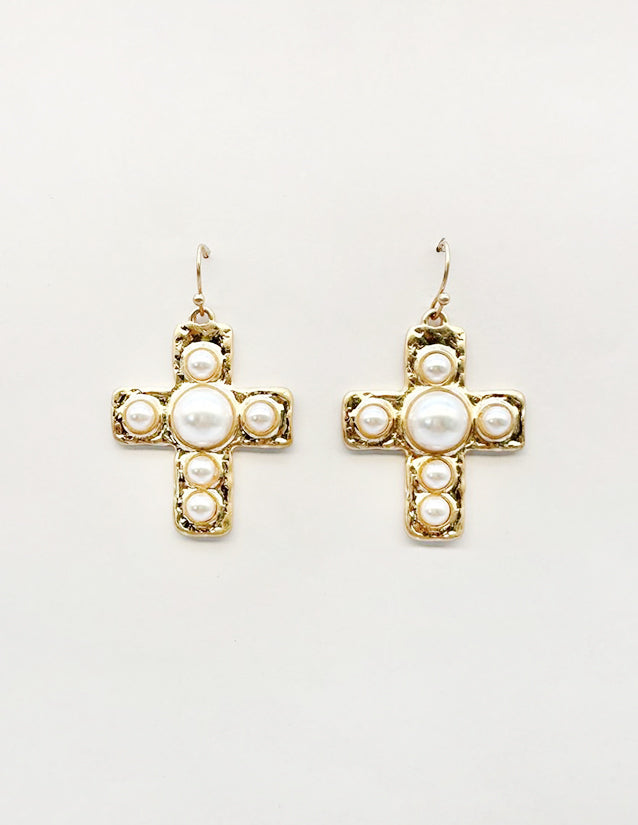 Gold 1.5" Cross with Pearl Beaded Accents Earring