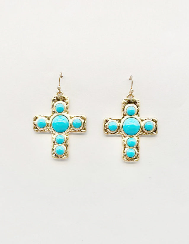 Gold 1.5" Cross with Turquoise Beaded Accents Earring