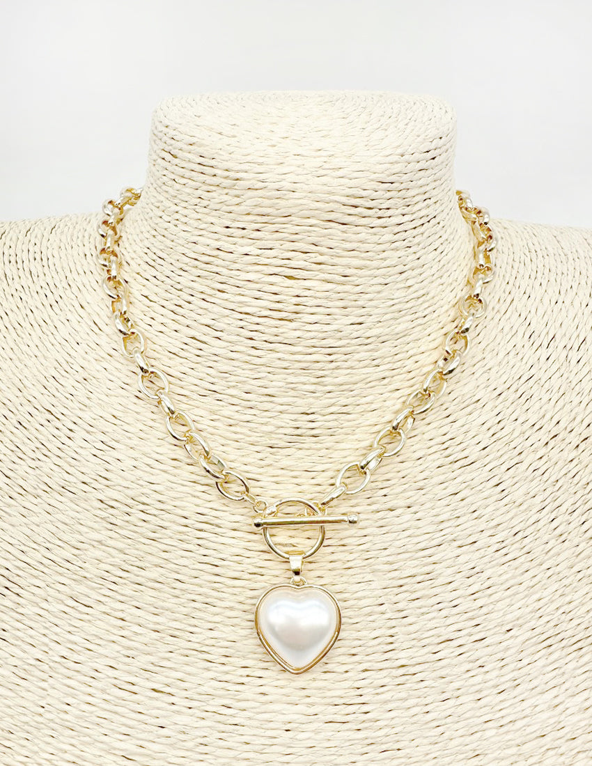 Gold Open Chain with Toggle and Pearl Heart 18" Necklace