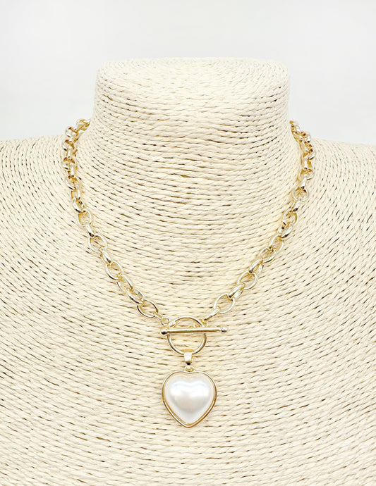 Gold Open Chain with Toggle and Pearl Heart 18" Necklace