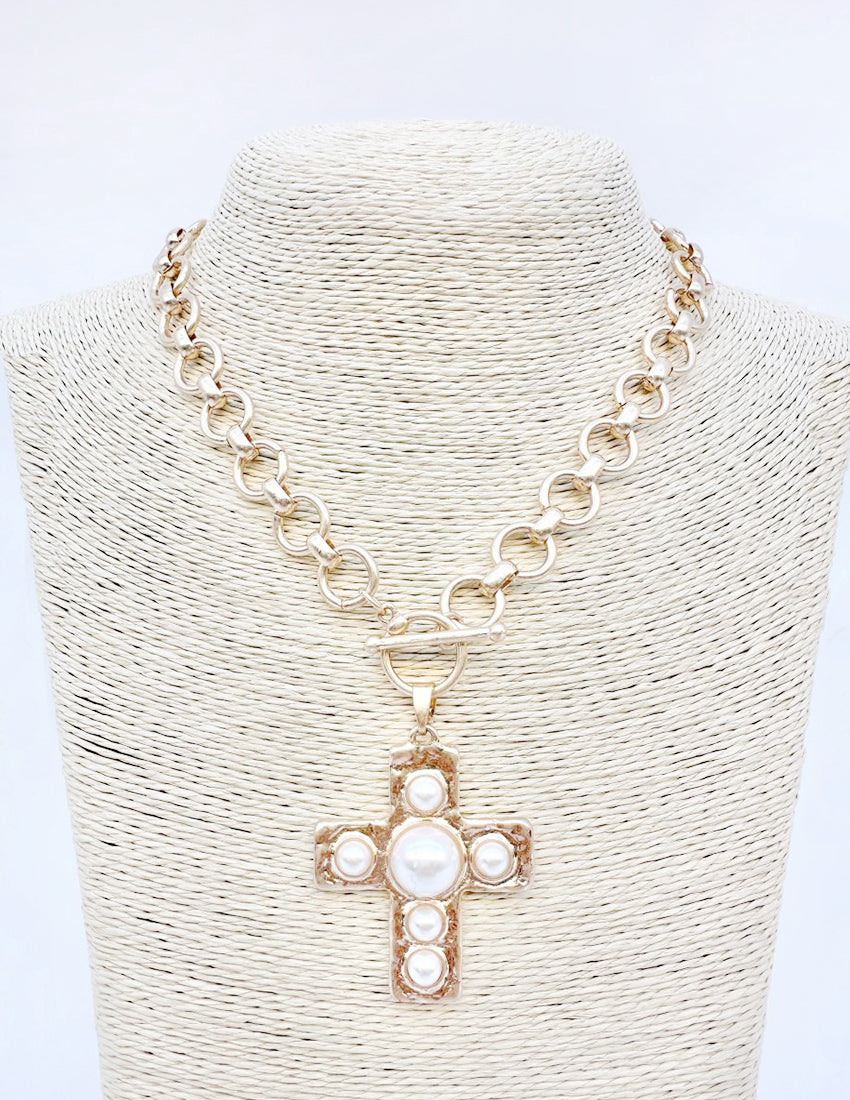 Gold Circle Chain with 1.75" Cross with Pearl Accents 18" Necklace