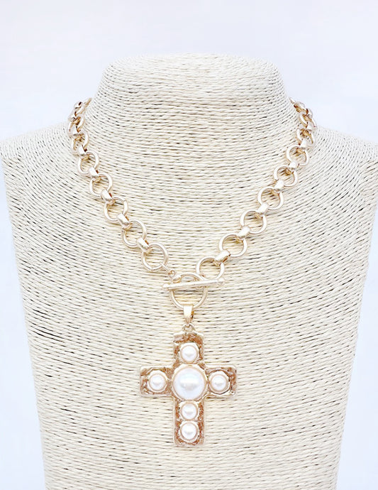 Gold Circle Chain with 1.75" Cross with Pearl Accents 18" Necklace