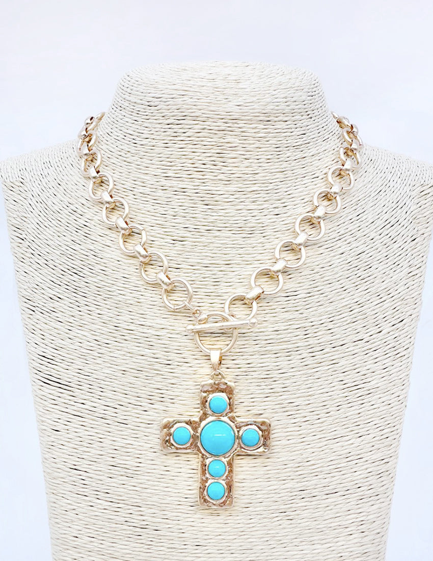 Gold Circle Chain with 1.75" Cross with Turqouise Accents 18" Necklace