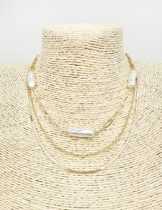 Gold Multi Chain with Oval Pearl 16"-18" Necklace