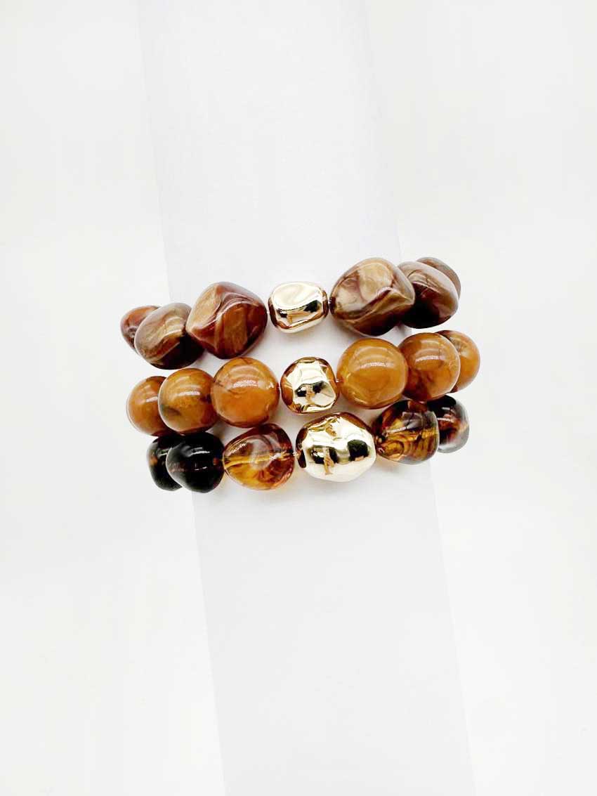 Brown Natural Stone and Gold Set of 3 Stretch Bracelets