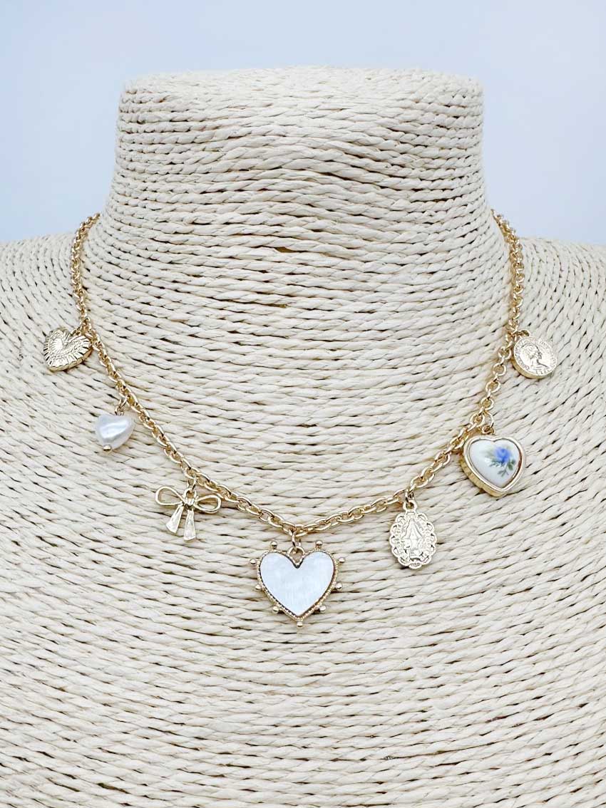 Pearlized Heart, Bow, and Crystal 16"-18" Charm Necklace
