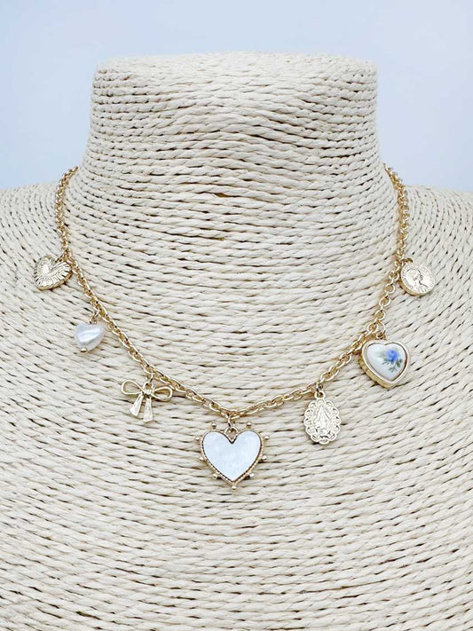 Pearlized Heart, Bow, and Crystal 16"-18" Charm Necklace