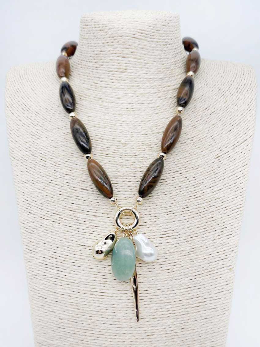 Brown Natural Stone with Pearl and Green Stone Charms 16"-18" Necklace