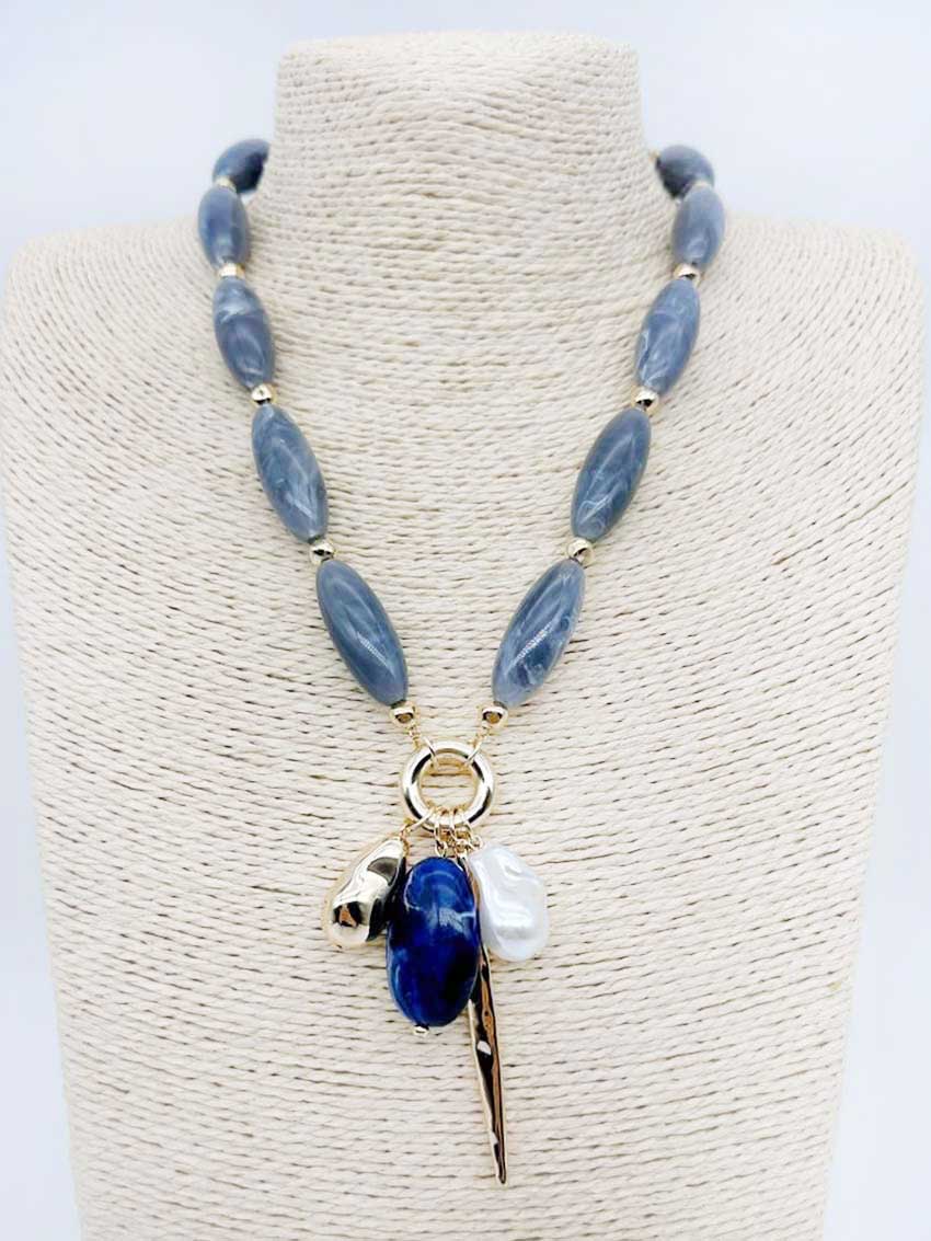 Grey Natural Stone with Pearl and Stone Charms 16"-18" Necklace