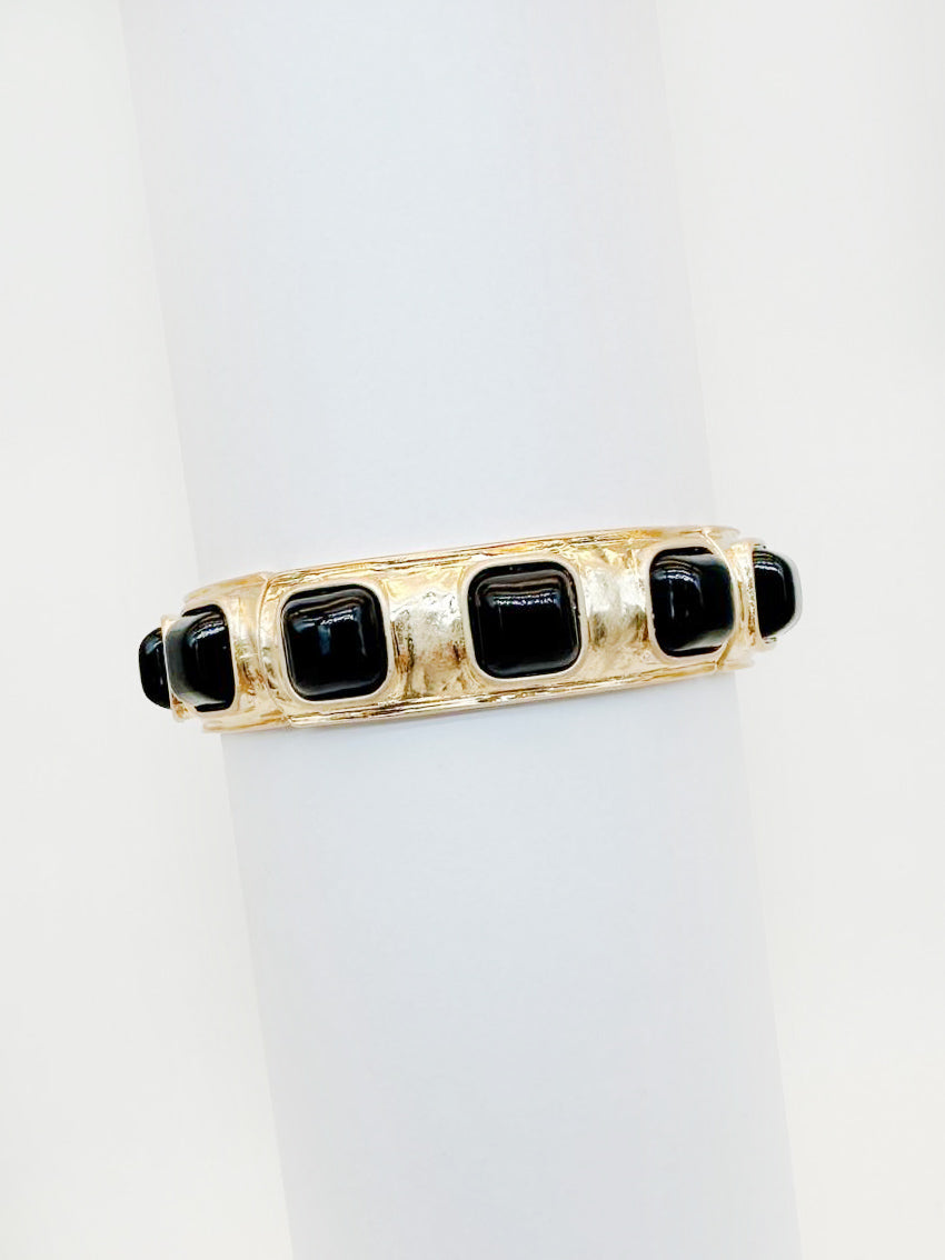 Hammered Gold Stretch Bracelet with Black Square Stones