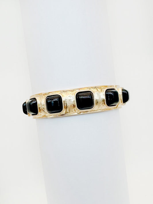 Hammered Gold Stretch Bracelet with Black Square Stones
