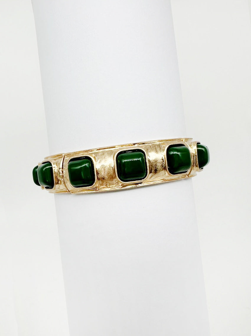 Green Square Stone on Hammered Gold Stretch Bracelet
