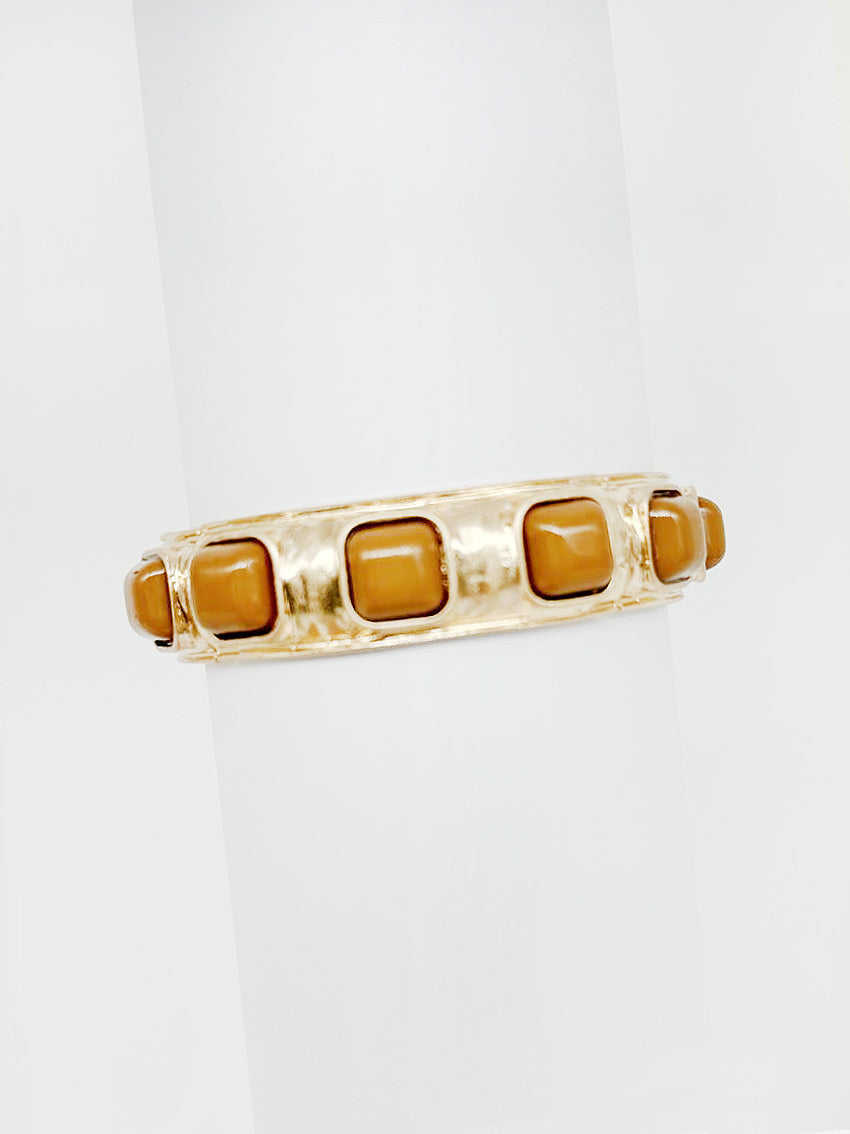 Brown Square Stone on Hammered Gold Stretch Bracelet