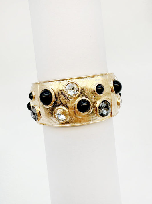 Gold Hammered Bangle with Black, Grey, and Clear Crystal Accents