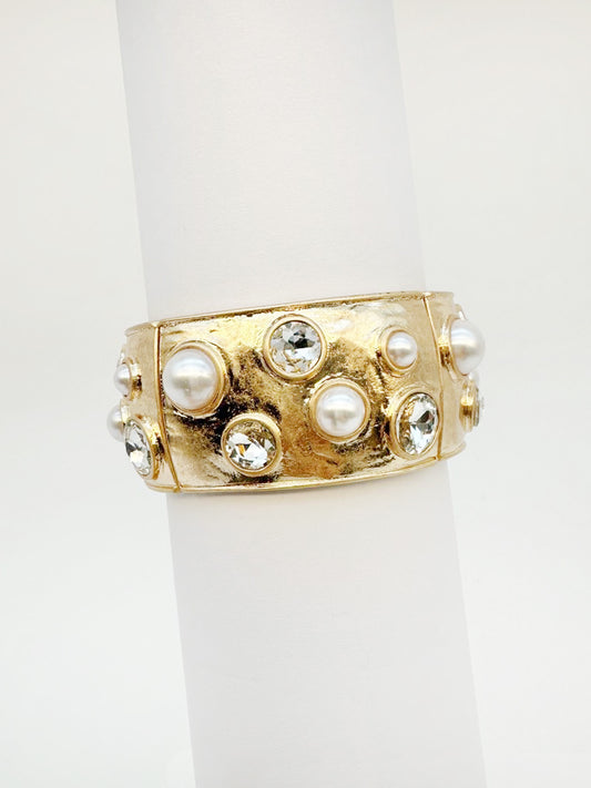 Gold Hammered Stretch Bangle with Pearl and Clear Crystal Accents