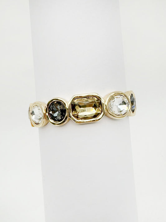 Grey, Champagne, and Clear Rectangle and Circle Crystal Stretch Bracelet
