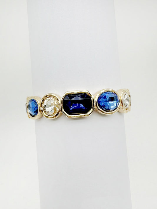 Gold with Blue and Clear Crystals Stretch Bracelet