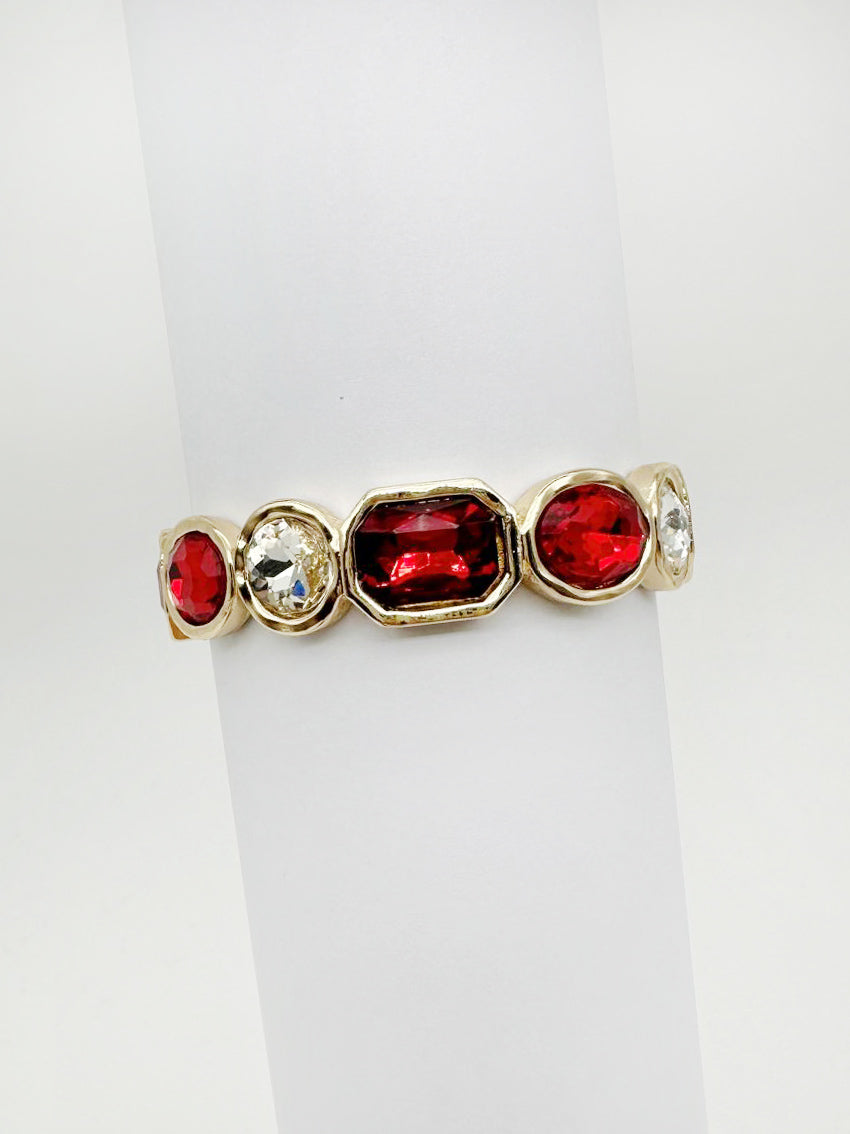 Gold with Red and Clear Crystals Stretch Bracelet