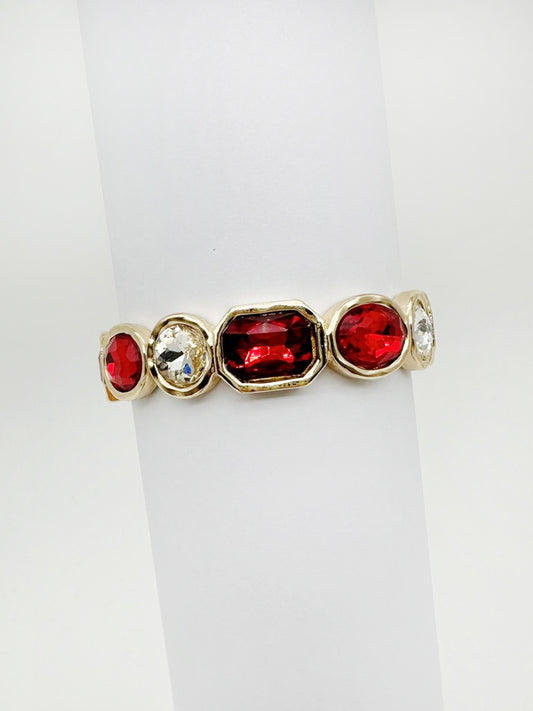 Gold with Red and Clear Crystals Stretch Bracelet